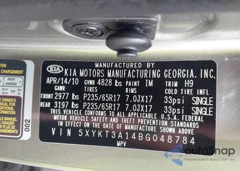 2011 Kia Sorento Lx from USA, damaged, VIN 5XYKT3A14BG048784